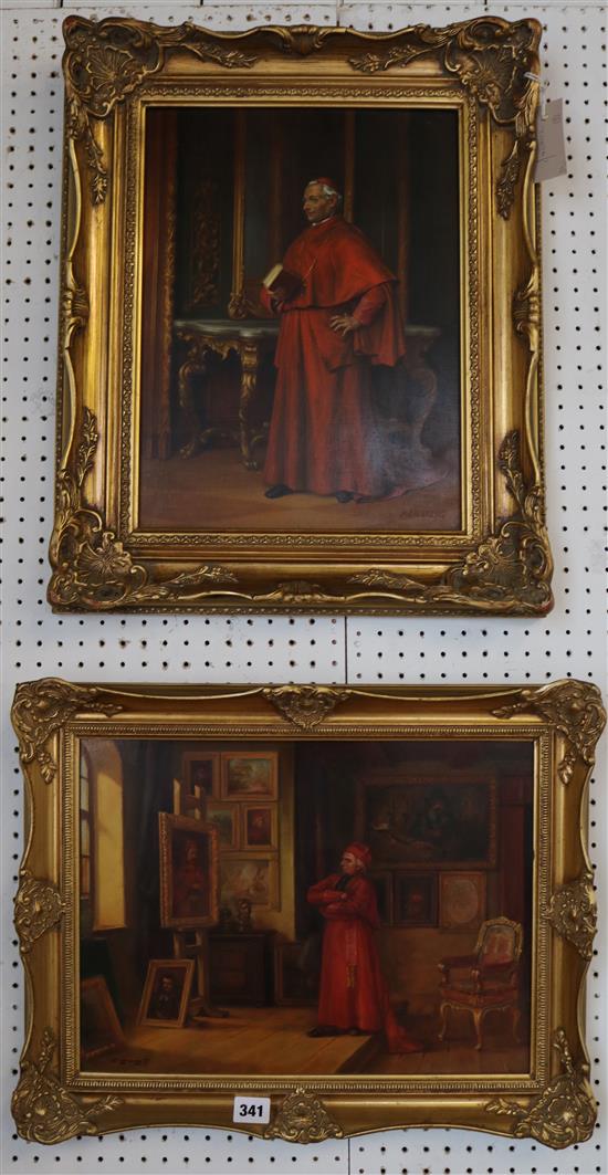 20th Century oil on board, Cardinal in an interior, signed Membling and a similar painting signed Petro